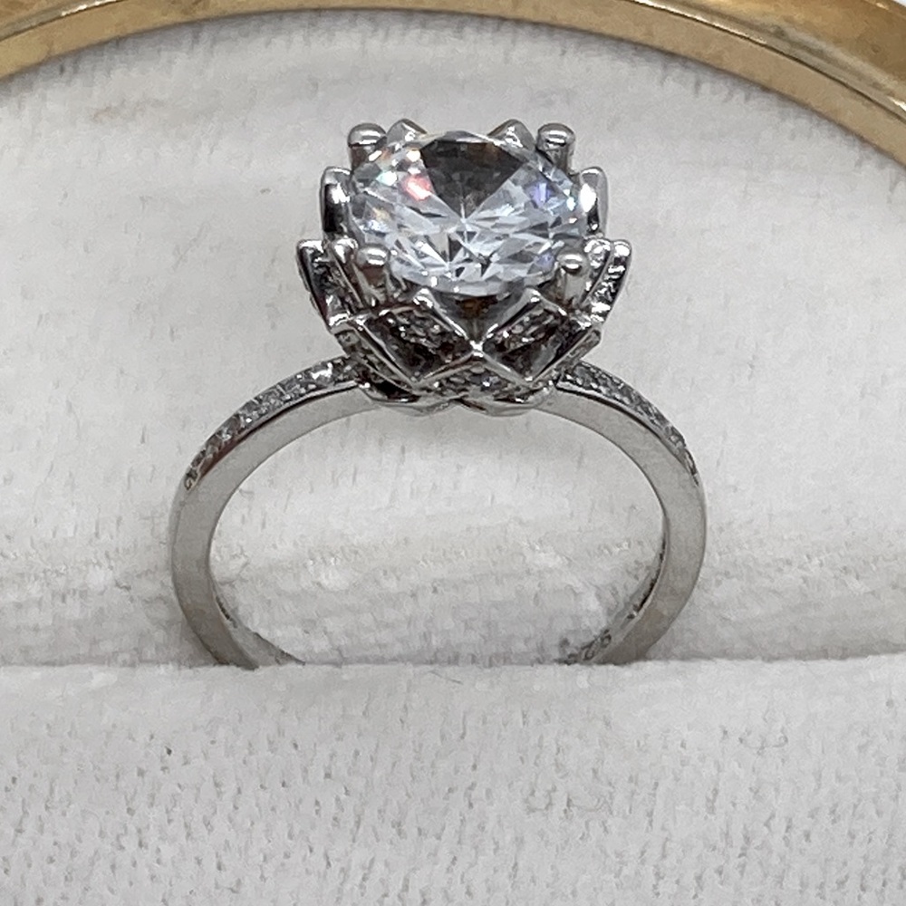 Vtg Sterling Silver 925 CZ Solitaire Tulip Setting Ring Flower Floral | Sz 7.75